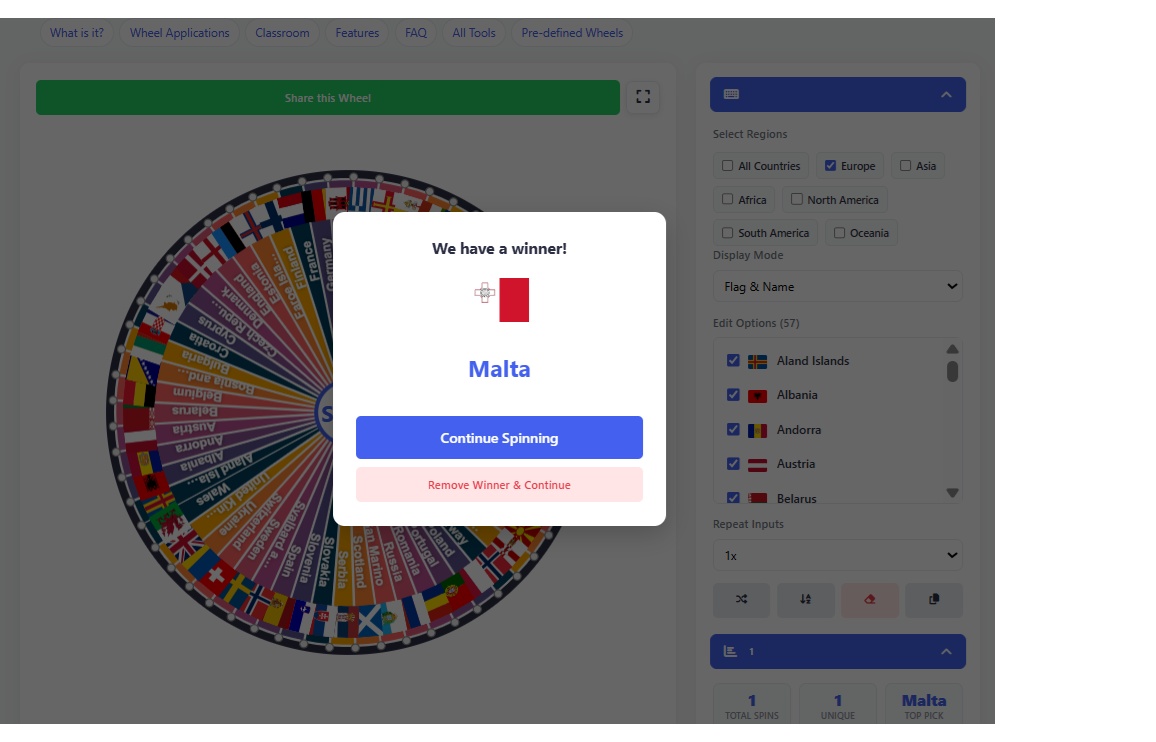 Spinning Wheel populated with Country Flags