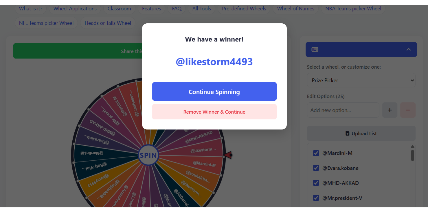 Spinning Wheel populated with Twitch Usernames