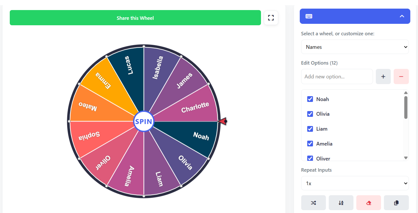 Classroom Smartboard displaying the Wheel of Names