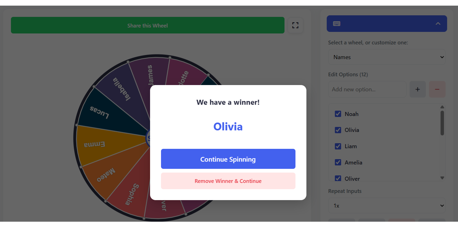 Spinning Wheel populated with Student Names